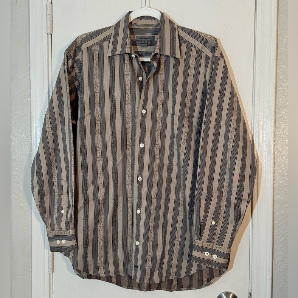 Johnston & Murphy Brown and Gray Striped Casual Button Down Shirt Size S